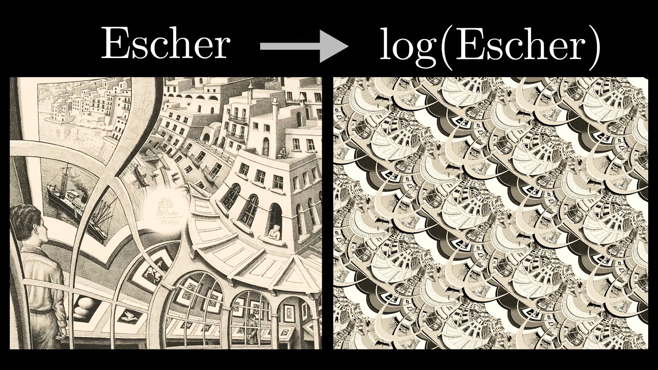 Video thumbnail: Escher's Print Gallery beside its logarithm, captioned Escher → log(Escher).